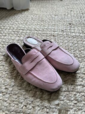 Bougeotte Blush Pink Suede Slip-On Backless Loafers sz 37 Bergdorf Goodman
